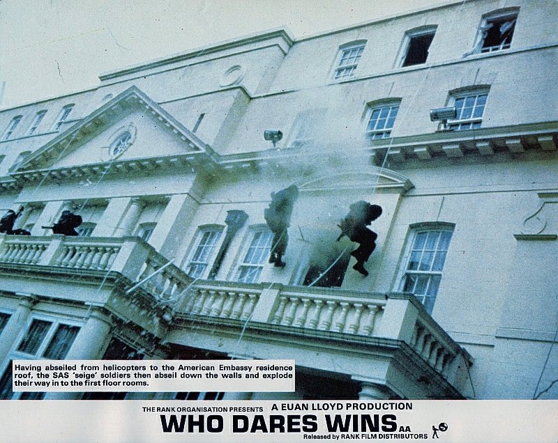 Photo of SAS troopers rappelling down the Ambassador's residence from Who Dares Wins. 